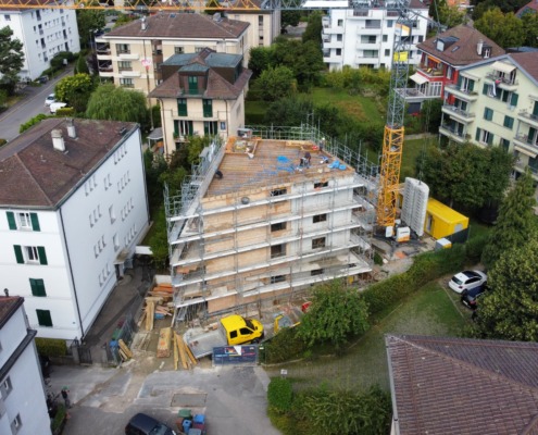 Photo aérienne du chantier lors du ferraillage de la dernière dalle - Allières - Lausanne